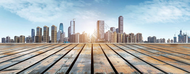 木地板和城市天际线重庆背景图片