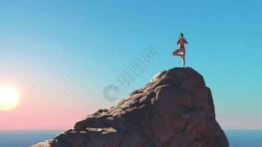 地块年轻女子在山顶做瑜伽这是3D的插图设计图片
