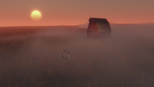农业谷仓在日出时笼罩在薄雾中图片
