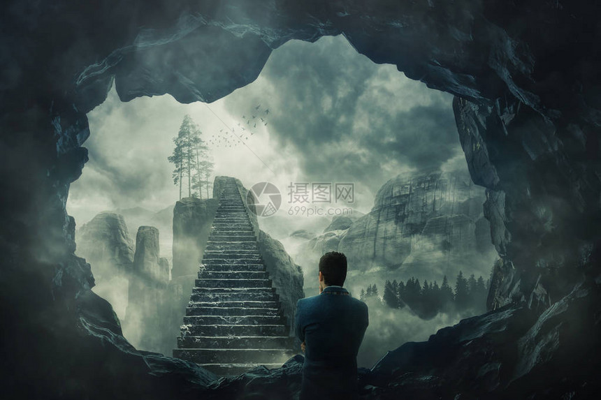 一个人从黑暗的洞穴中逃脱的超现实景象站在一个神秘的楼梯前图片