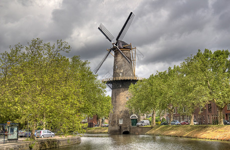 荷兰斯希丹运河上的大型石风车背景图片