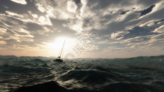 失落的帆船在狂风暴雨的大海中背景图片