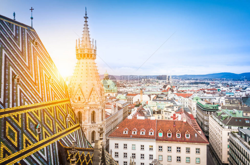 从圣斯蒂芬大教堂的北塔鸟瞰维也纳的屋顶图片