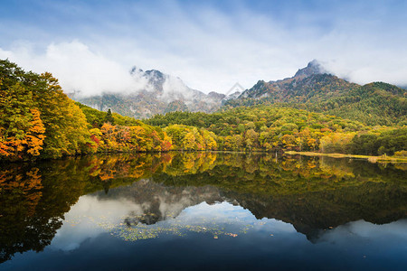 秋天时节五彩树的户隠湖景色图片