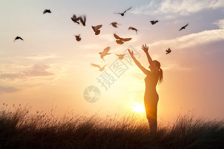 女人在自由的鸟儿中祈祷在日落下享受大自然图片
