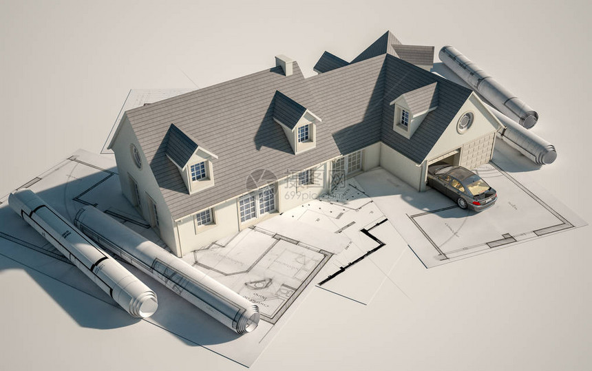 在蓝图之上的房子的3D渲染图片