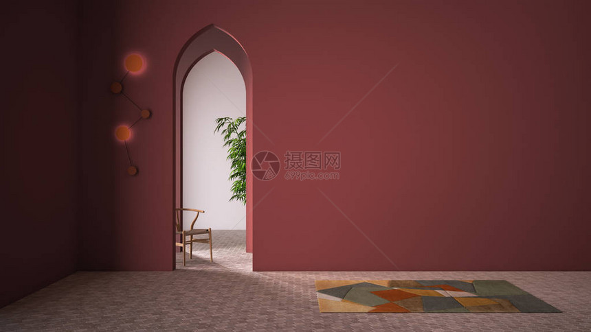 经典的东部大堂带灰泥墙的现代彩色大厅室内设计拱门带瓷砖的空旷间地毯椅子和植物带复制空图片