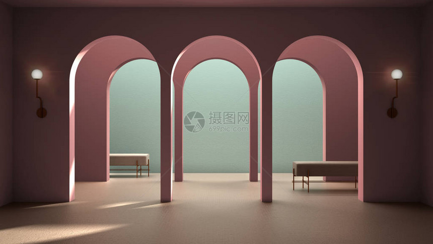经典的东部大堂带灰泥墙的现代彩色大厅室内设计拱门带瓷砖的空旷间长凳沙发座椅粉红色背景带复图片