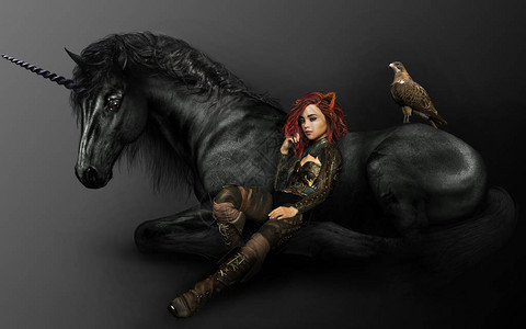 精灵或仙女与黑马和猎鹰的CGI插图图片