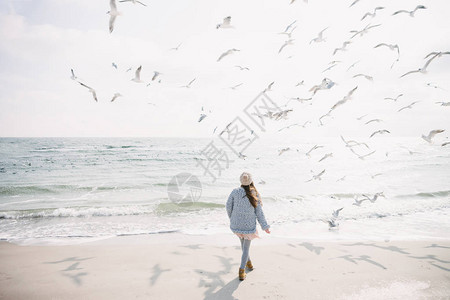 冬季海滨时尚女孩与海鸥的背影图片