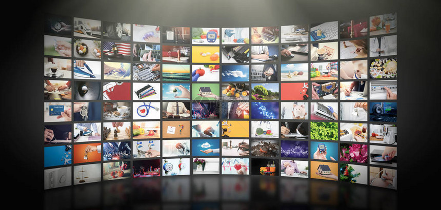 电视流媒体视频概念媒体电视频点播技术具有互联网流媒体多媒体节目系列的视频服务屏幕抽象组合图片