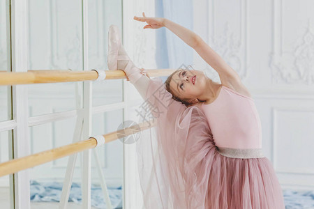 舞蹈课上的年轻古典芭蕾舞演员女孩美丽优雅的芭蕾舞女演员在白光大厅的大镜子附近穿着粉色短裙背景图片