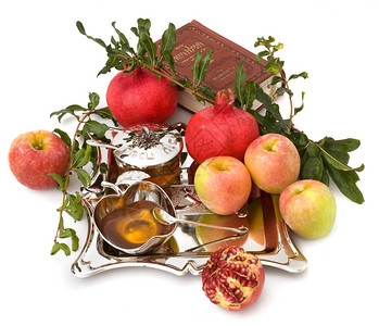 石榴蜂蜜和成熟的新鲜苹果为RoshHashana图片