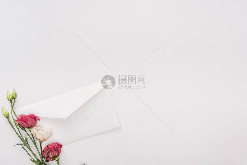 信封和花朵的顶部视图在白色上与图片