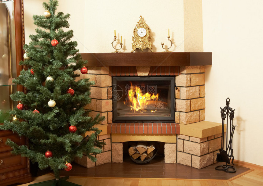 里面有圣诞树和壁炉的图片