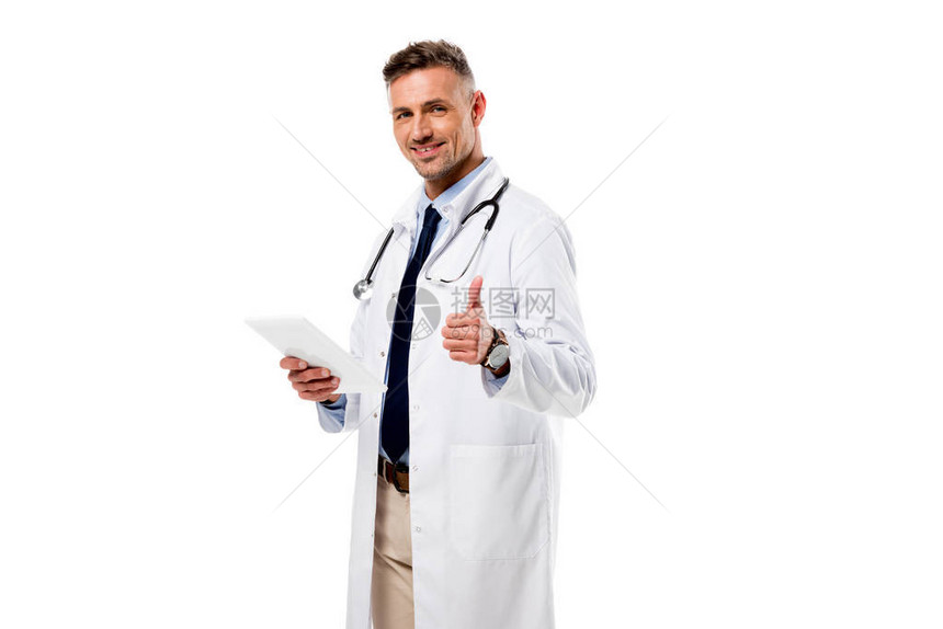 医生用拇指举牌和持有数字平板电脑图片