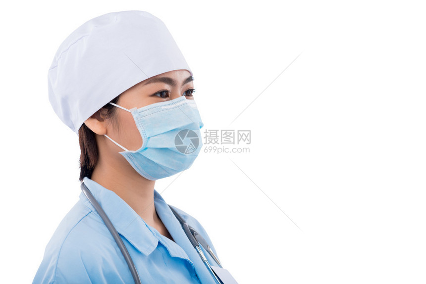 戴帽子和防护面罩的女医生图片