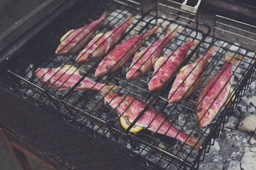 烤肉烧烤时的红鱼野餐时在户外吃苏姆莱特Surmull图片