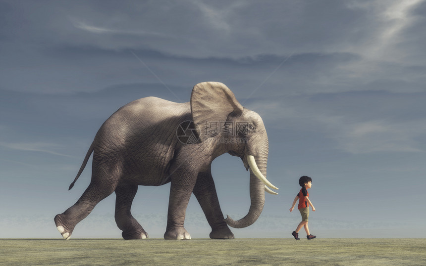 男孩去和一头大象这是一个3d渲染插图图片