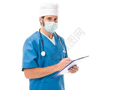 在剪贴板上写医学面罩的医生图片