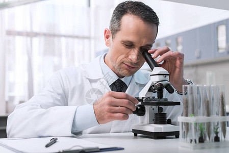 在化学实验室进行显微镜样本分析的白大衣中重点男科学家图片