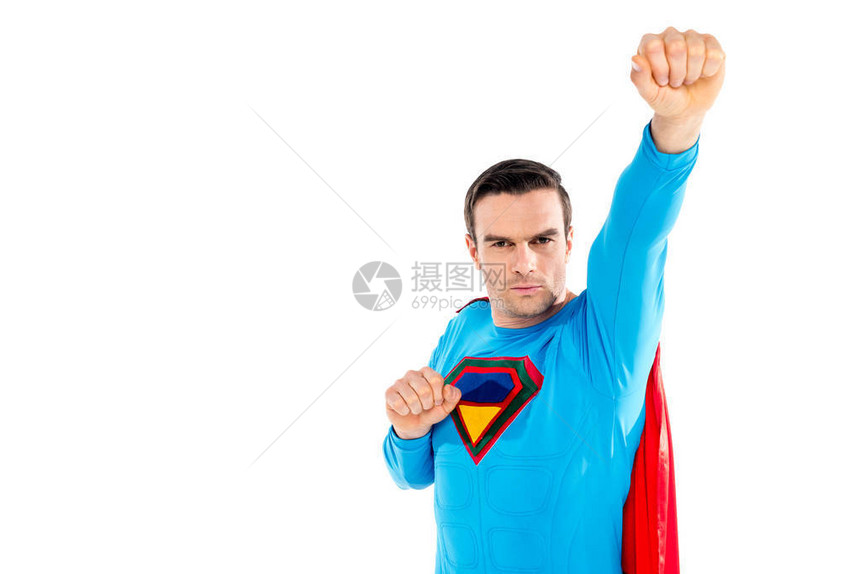 帅男超级英雄举起手来看着在白色上图片