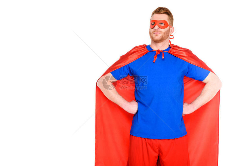 穿着超级英雄服装的帅男手举起腰眼图片