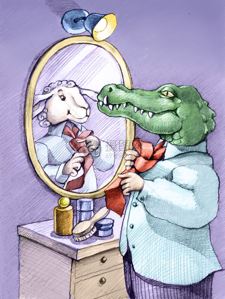 一只鳄鱼在绑着领带时看着镜子视自图片