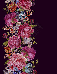 复古风格的勃艮第牡丹风信子黑莓和野花卉无缝水彩边框植物贺卡深色图片
