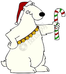 这个插图描述了一只戴圣诞老人帽子的北极熊和拿着图片