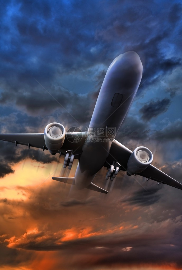 客机起飞插图3D渲染喷气式飞机起飞图五颜六色的风雨如磐的天图片