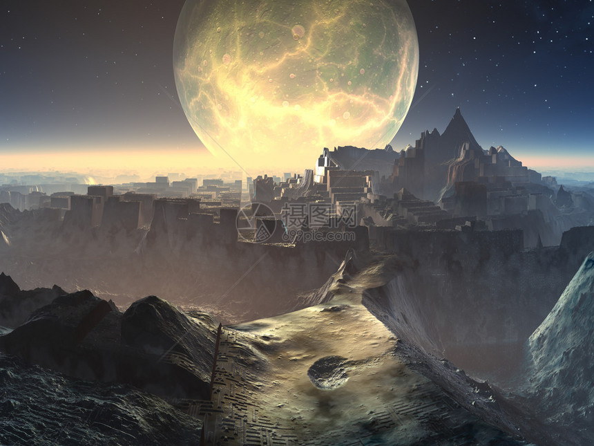 古老的外星城市废墟满月的大月亮在月图片