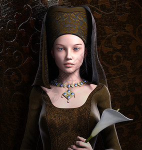 手中拿着头饰和花朵的中世纪女人图片