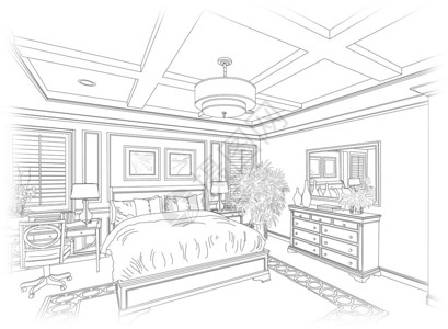 主卧室美丽卧室的详细线条图插画