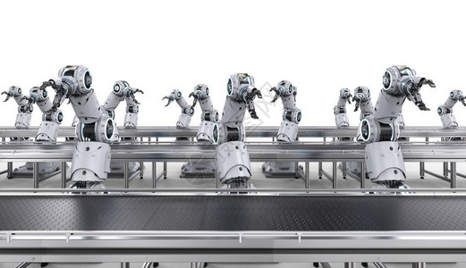 工厂内3D制成机器人装配线的自动背景图片
