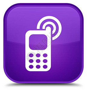 在特殊的紫平方按钮抽象插图上孤立的手机铃声图标info图片