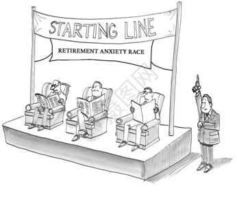 卡通插图显示有三名退休男子准备参加退休焦虑竞赛图片