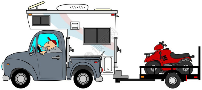 这个插图描绘了一个人驾驶卡车和露营车在一辆拖车上拉背景图片
