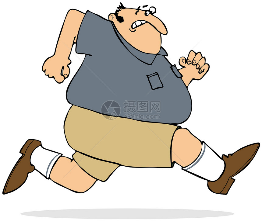 这幅图画描绘了一个穿短裤的胖子跑来去图片