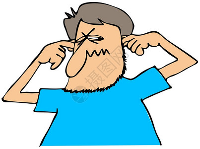 这个插图描绘了一个人的斜眼并塞住他的耳朵来堵住一图片