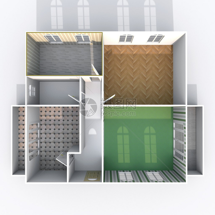 空置家庭公寓的3d室内渲染平面图与地板材料图片
