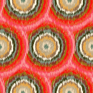 带红色圆圈的无缝Ikat图案纺织品设计壁纸表面纹理包装图片