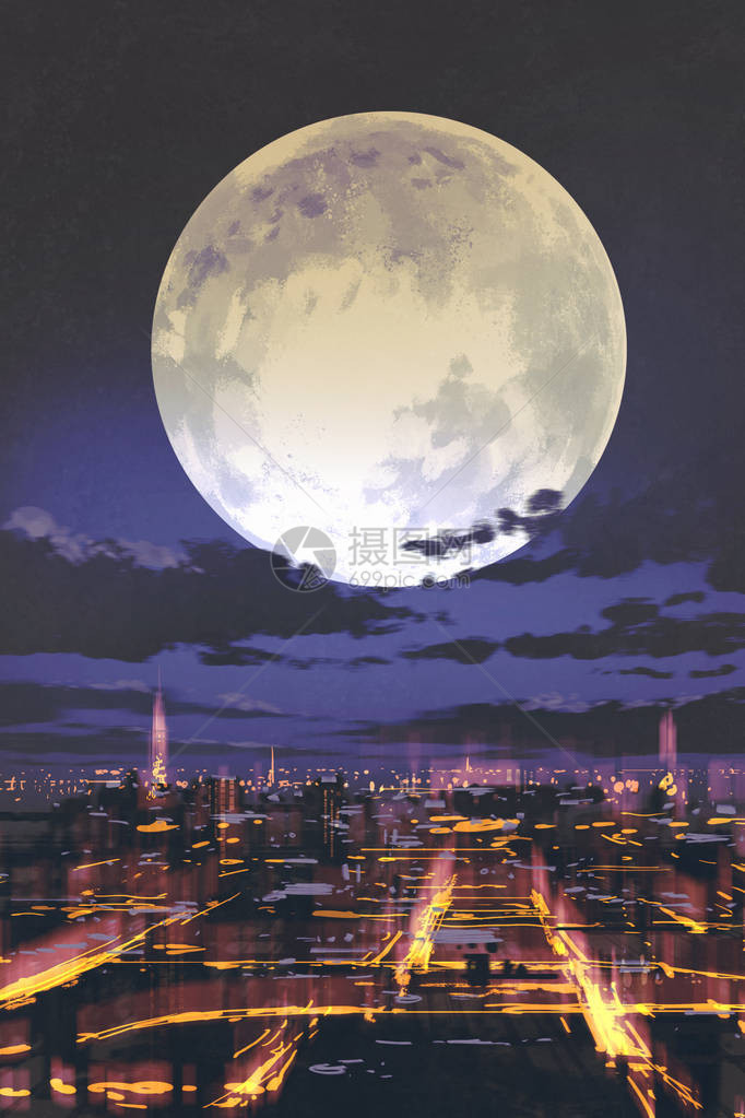 夜月满在夜间城市天际的夜幕带多彩光图片