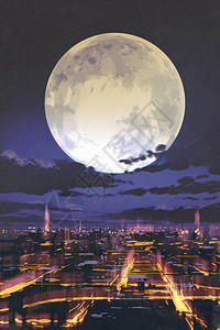 夜月满在夜间城市天际的夜幕带多彩光图片