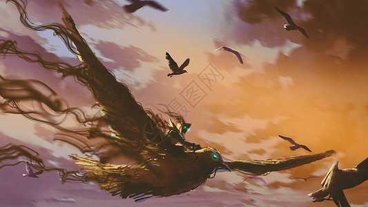 在夜空中飞的巨鸟数字艺术风格插图画背景图片
