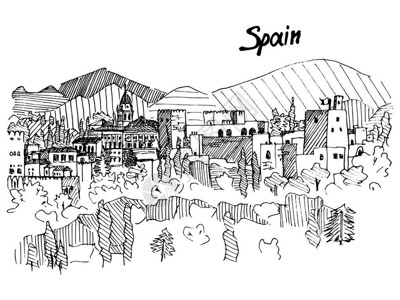 山上的西班牙城堡画上黑白版和背景图片