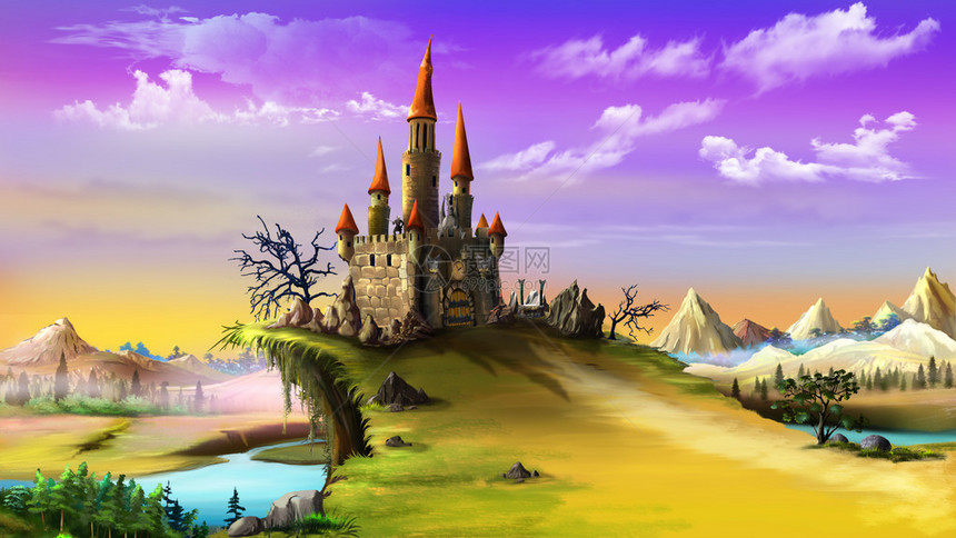 魔法城堡的数字画夏日景色树木和山地图片