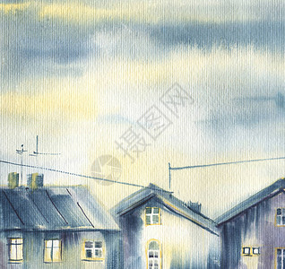 村庄景观在多云的天空背景下的旧木屋素描水彩图片