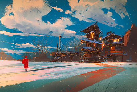 冬季风景圣诞节晚上有木屋的圣诞图片