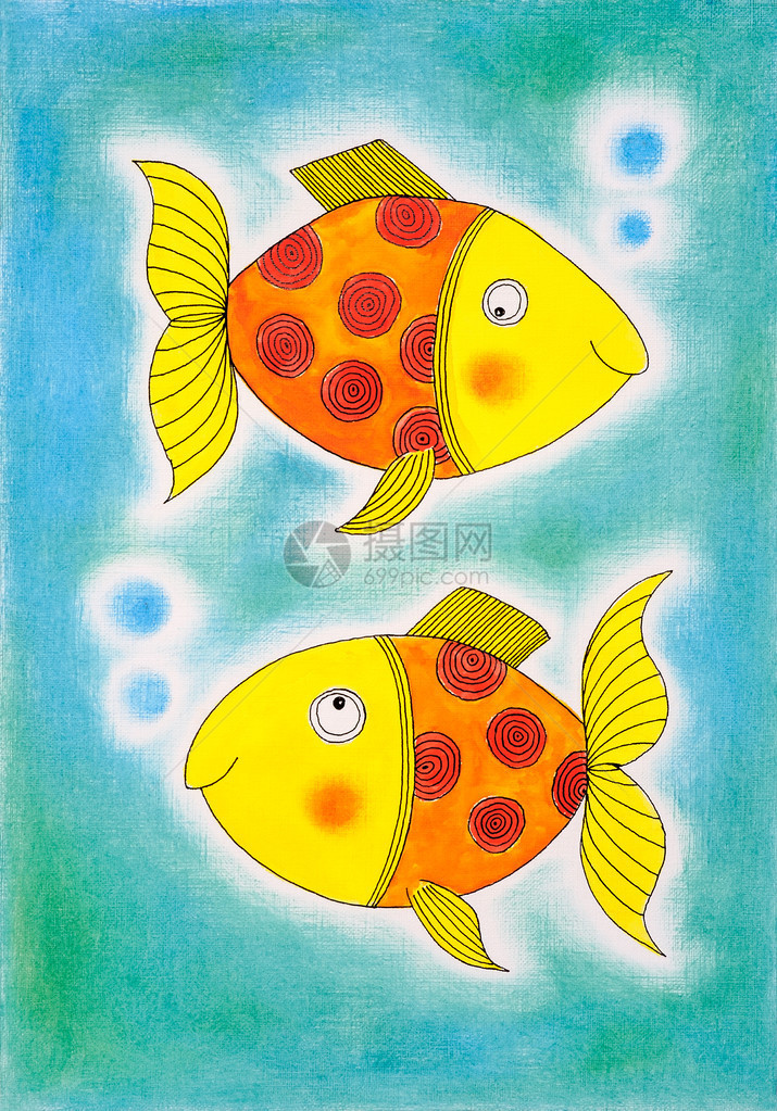 两条金鱼儿童画纸本水彩画图片